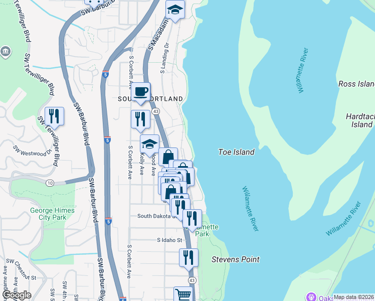 map of restaurants, bars, coffee shops, grocery stores, and more near 5754 South Riverpoint Lane in Portland