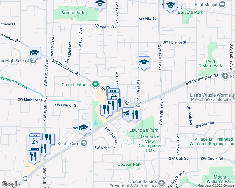 map of restaurants, bars, coffee shops, grocery stores, and more near 5230 Southwest 175th Avenue in Beaverton