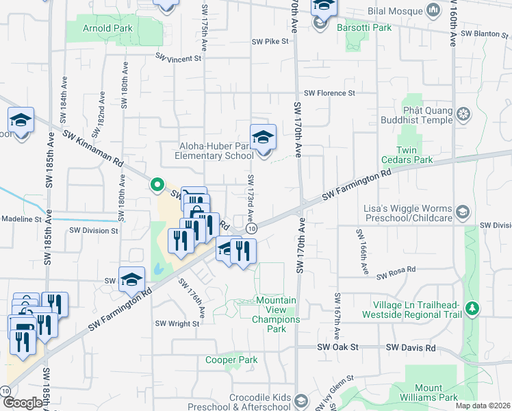 map of restaurants, bars, coffee shops, grocery stores, and more near 5240 Southwest 173rd Avenue in Aloha