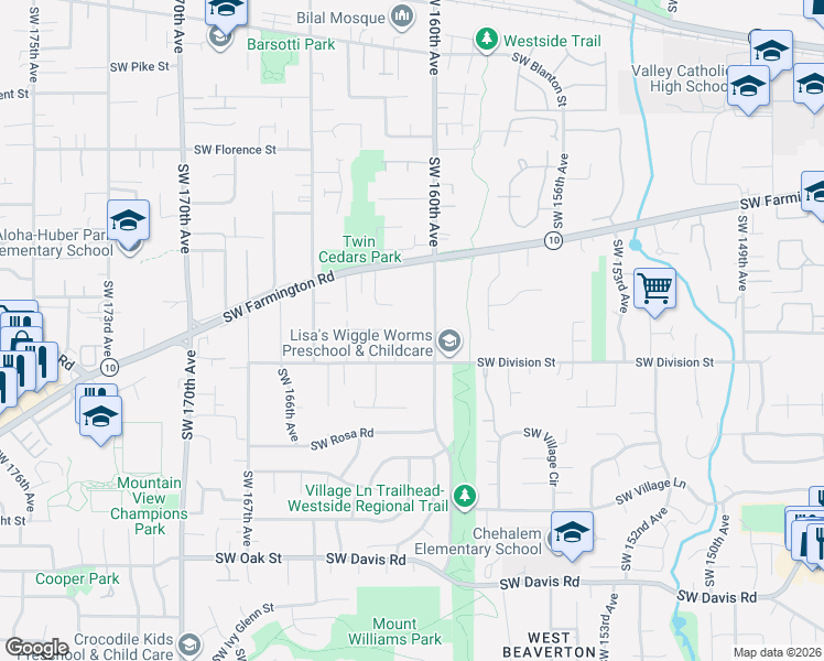 map of restaurants, bars, coffee shops, grocery stores, and more near 16064 Southwest Medallion Lane in Beaverton