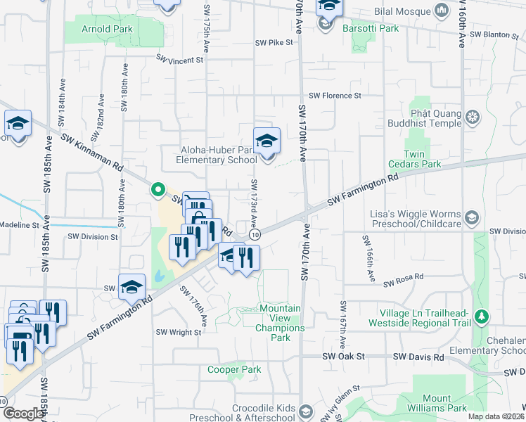 map of restaurants, bars, coffee shops, grocery stores, and more near 5240 Southwest 173rd Avenue in Aloha