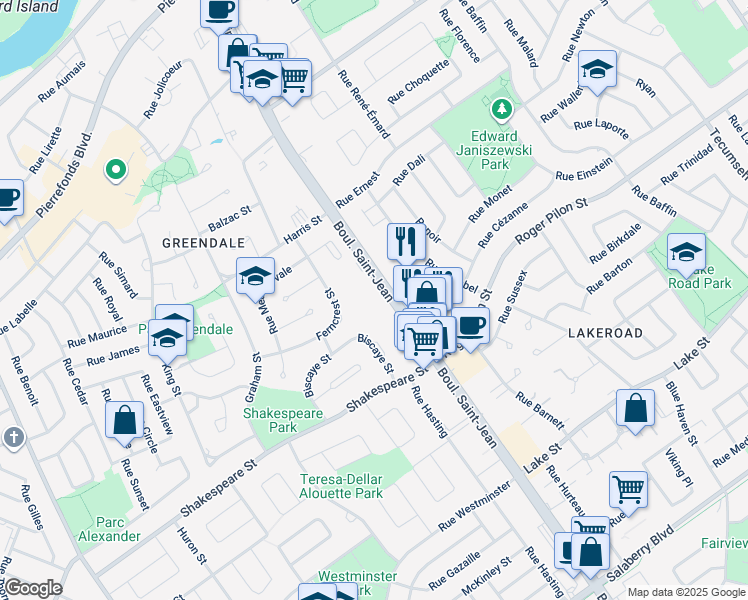 map of restaurants, bars, coffee shops, grocery stores, and more near in Dollard-Des Ormeaux