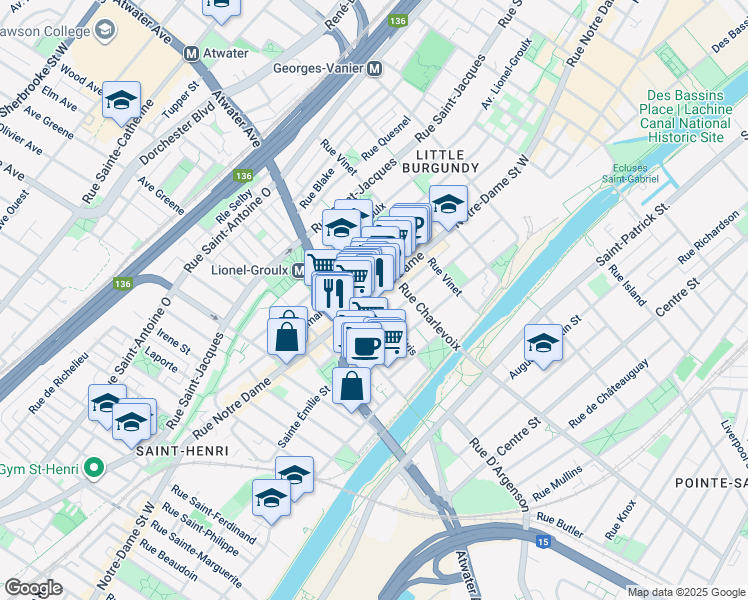 map of restaurants, bars, coffee shops, grocery stores, and more near in Montreal