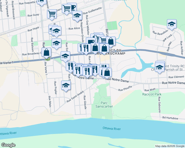 map of restaurants, bars, coffee shops, grocery stores, and more near 136 Rue Leo-Smith in Gatineau