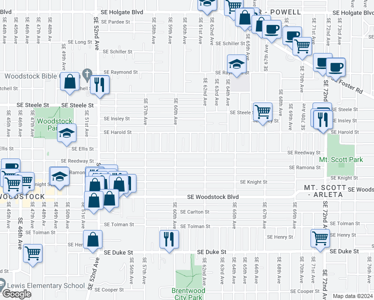 map of restaurants, bars, coffee shops, grocery stores, and more near 5631 Southeast 61st Avenue in Portland