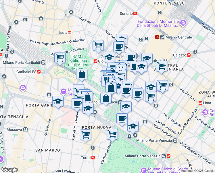 map of restaurants, bars, coffee shops, grocery stores, and more near 18 Viale della Liberazione in Milan