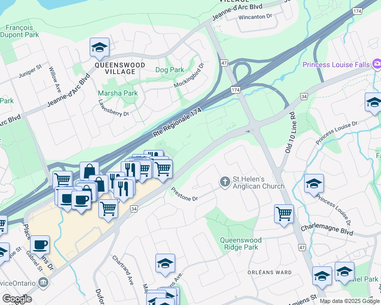 map of restaurants, bars, coffee shops, grocery stores, and more near 340 Centrum Boulevard in Ottawa