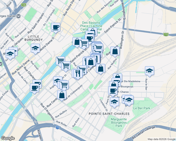 map of restaurants, bars, coffee shops, grocery stores, and more near 1981 Rue du Centre in Montréal