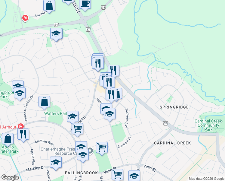 map of restaurants, bars, coffee shops, grocery stores, and more near 900 Watters Road in Ottawa
