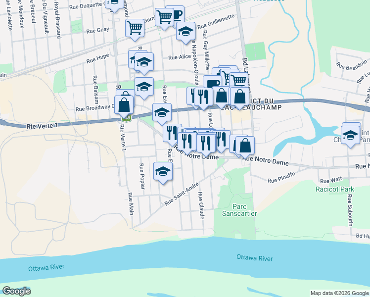 map of restaurants, bars, coffee shops, grocery stores, and more near 277 Rue Notre Dame in Gatineau