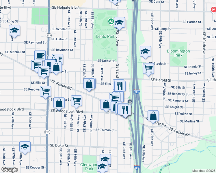 map of restaurants, bars, coffee shops, grocery stores, and more near 8928 Southeast Ellis Street in Portland
