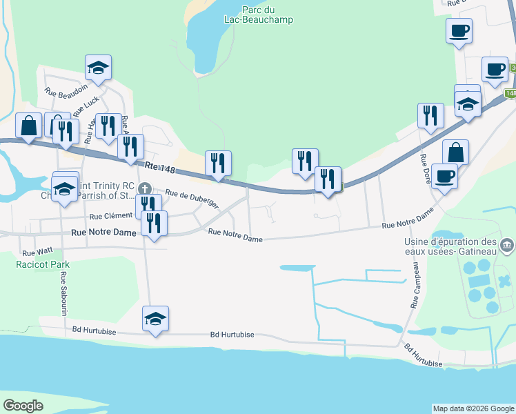 map of restaurants, bars, coffee shops, grocery stores, and more near Rue de Navarre in Gatineau