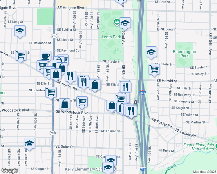 map of restaurants, bars, coffee shops, grocery stores, and more near 8847 Southeast Reedway Street in Portland