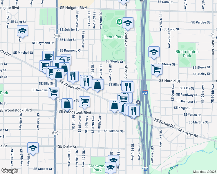 map of restaurants, bars, coffee shops, grocery stores, and more near 8847 Southeast Reedway Street in Portland