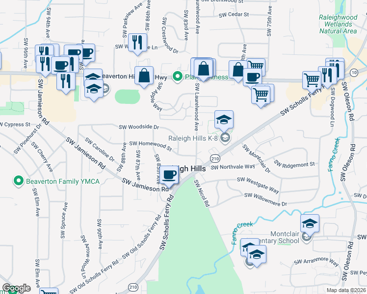 map of restaurants, bars, coffee shops, grocery stores, and more near 8217 Southwest Homewood Street in Portland
