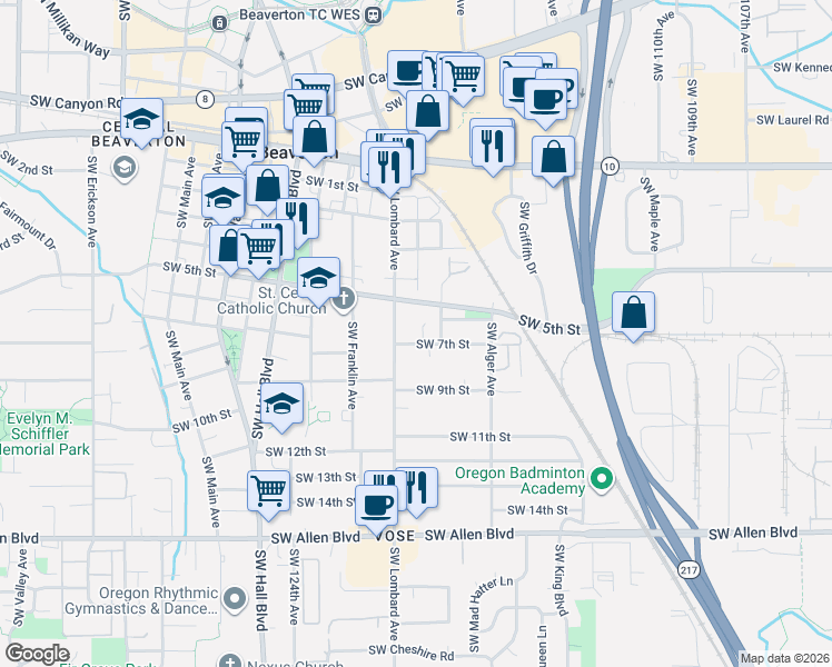 map of restaurants, bars, coffee shops, grocery stores, and more near 11850 Southwest 7th Street in Beaverton