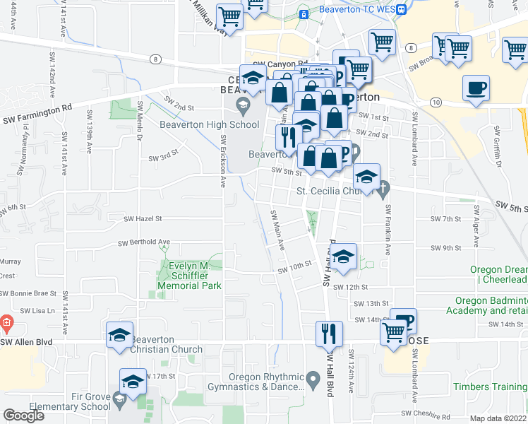 map of restaurants, bars, coffee shops, grocery stores, and more near 5295 Southwest Main Avenue in Beaverton