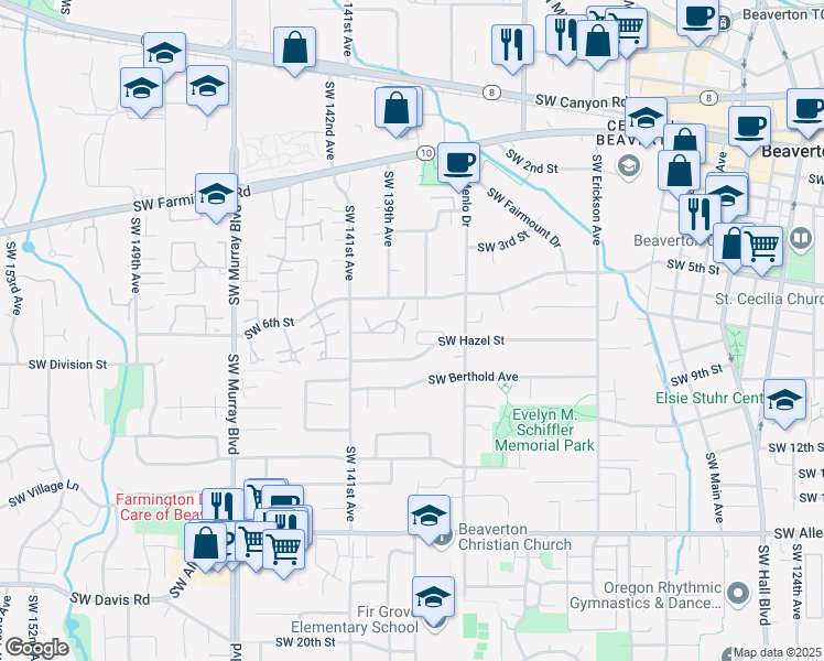 map of restaurants, bars, coffee shops, grocery stores, and more near 13745 Southwest Hazel Street in Beaverton