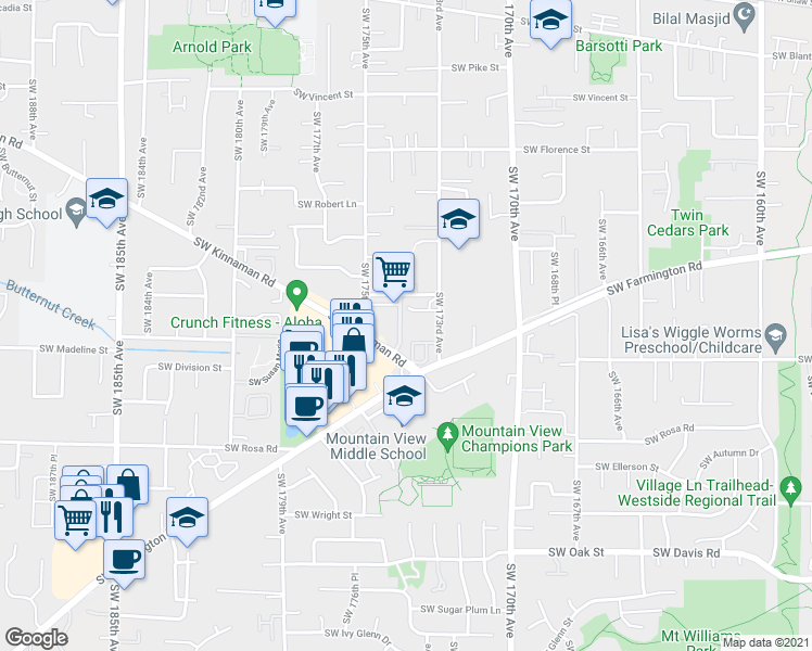 map of restaurants, bars, coffee shops, grocery stores, and more near 5280 Southwest 174th Terrace in Beaverton