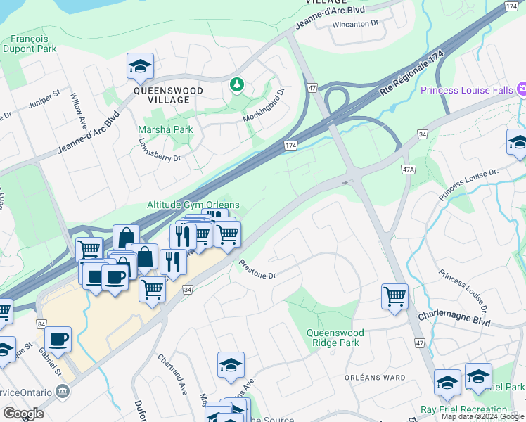 map of restaurants, bars, coffee shops, grocery stores, and more near 320 Centrum Boulevard in Ottawa