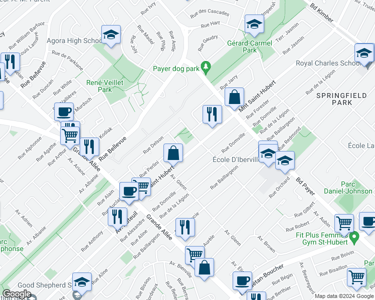 map of restaurants, bars, coffee shops, grocery stores, and more near 5200 Montée Saint-Hubert in Longueuil