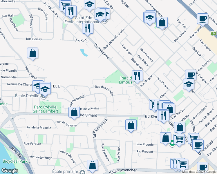map of restaurants, bars, coffee shops, grocery stores, and more near 245 Rue des Vosges in Saint-Lambert