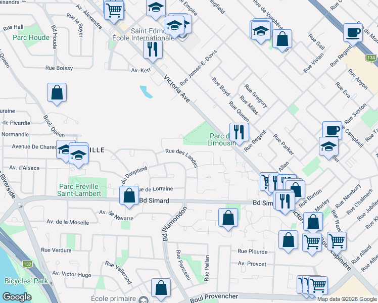 map of restaurants, bars, coffee shops, grocery stores, and more near 245 Rue des Vosges in Saint-Lambert