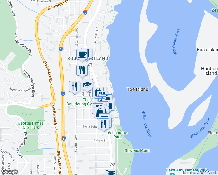 map of restaurants, bars, coffee shops, grocery stores, and more near 5746 Southwest Riverpoint Lane in Portland