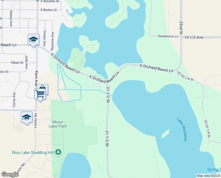 map of restaurants, bars, coffee shops, grocery stores, and more near 1831 Montanis Avenue in Rice Lake