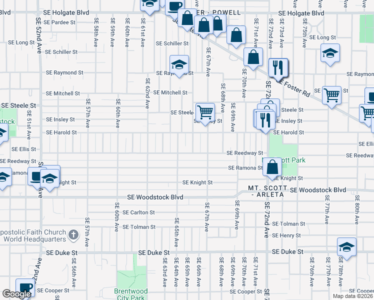 map of restaurants, bars, coffee shops, grocery stores, and more near 6529 Southeast Reedway Street in Portland