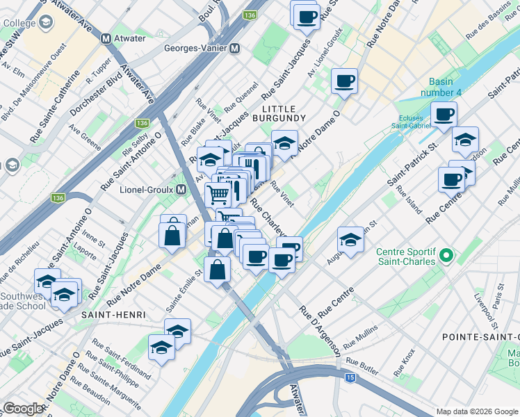 map of restaurants, bars, coffee shops, grocery stores, and more near 256 Rue Charlevoix in Montreal