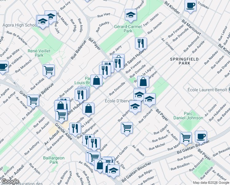 map of restaurants, bars, coffee shops, grocery stores, and more near 5105 Rue Domville in Longueuil