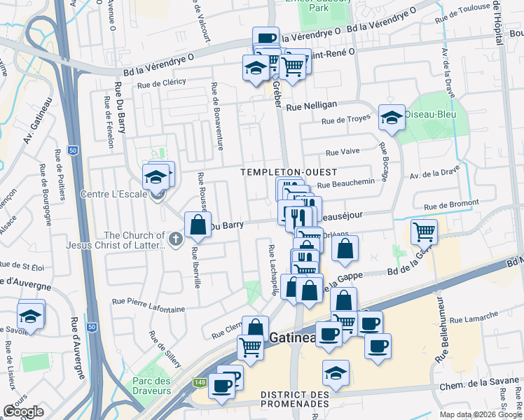 map of restaurants, bars, coffee shops, grocery stores, and more near 6 Rue du Curé-André-Préseault in Gatineau