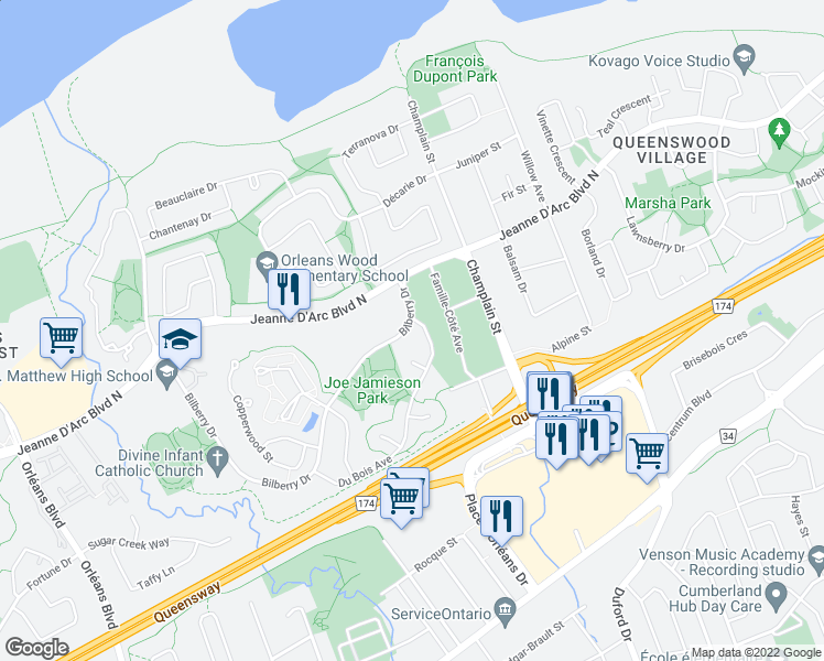 map of restaurants, bars, coffee shops, grocery stores, and more near 7004 Bilberry Drive in Ottawa