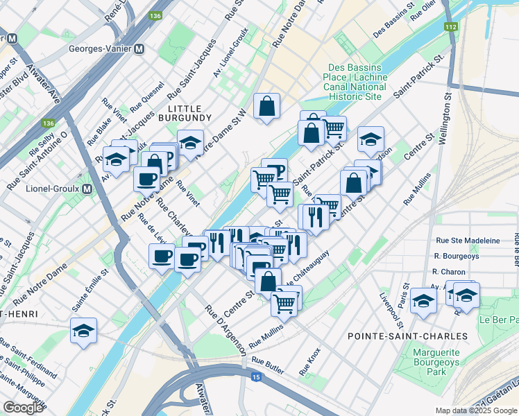 map of restaurants, bars, coffee shops, grocery stores, and more near 2301 Rue Saint-Patrick in Montréal