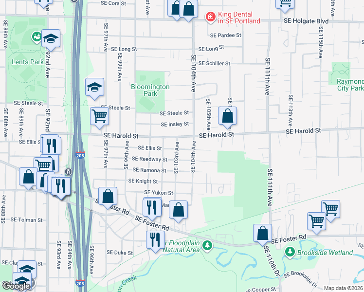 map of restaurants, bars, coffee shops, grocery stores, and more near 10319 Southeast Ellis Street in Portland