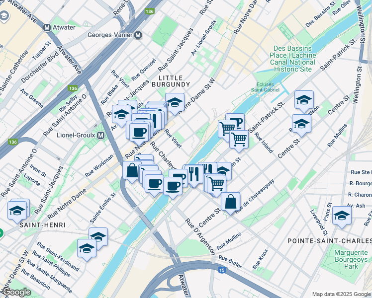 map of restaurants, bars, coffee shops, grocery stores, and more near 111 Rue Vinet in Montréal