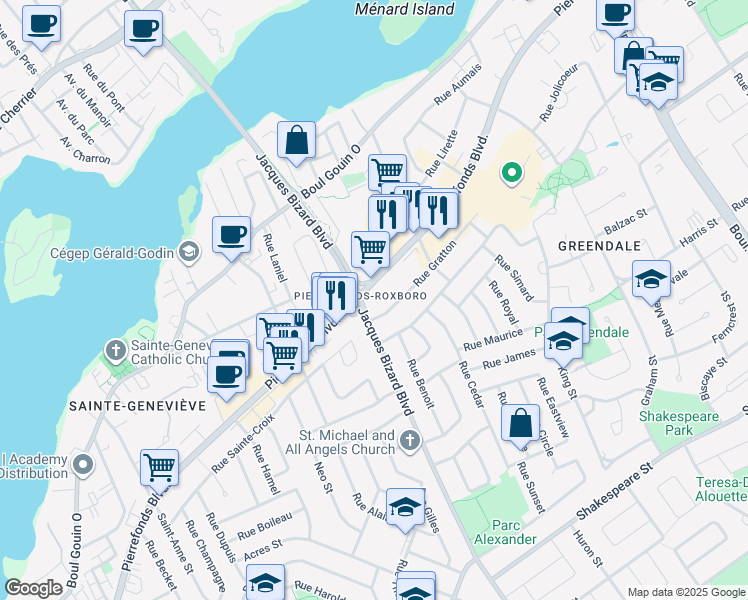 map of restaurants, bars, coffee shops, grocery stores, and more near 15000 Boulevard de Pierrefonds in Montréal