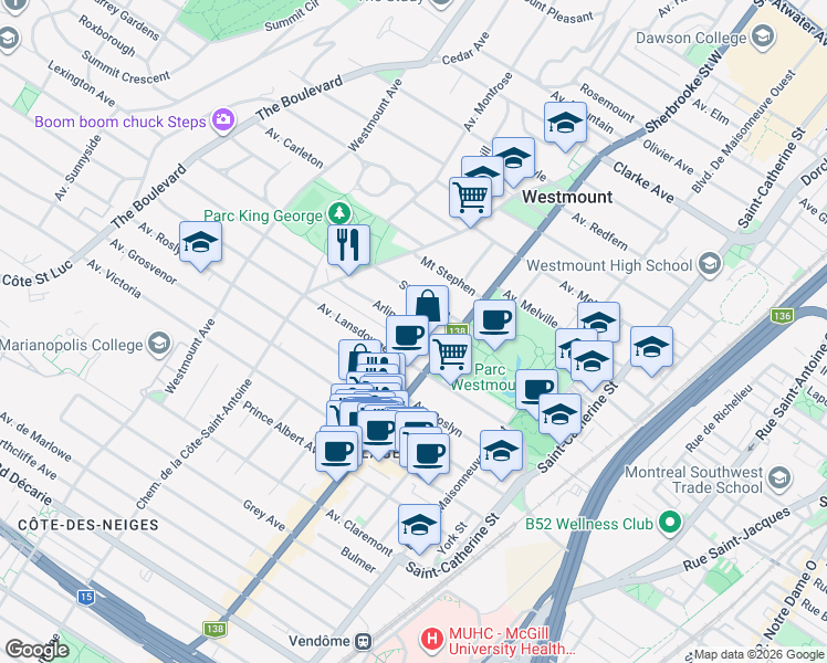 map of restaurants, bars, coffee shops, grocery stores, and more near 42 Avenue Arlington in Westmount