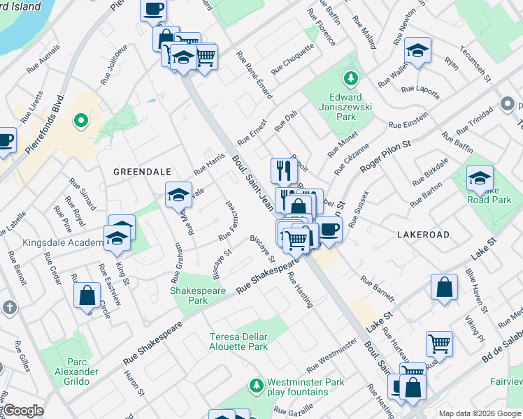 map of restaurants, bars, coffee shops, grocery stores, and more near 4420 Boulevard Saint-Jean in Dollard-des-Ormeaux