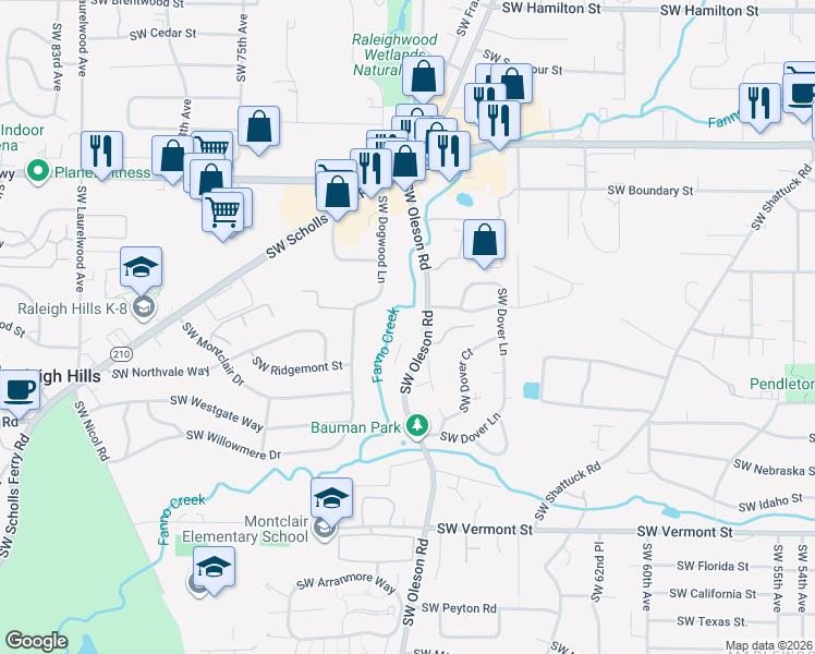 map of restaurants, bars, coffee shops, grocery stores, and more near 5225 Southwest Oleson Road in Portland