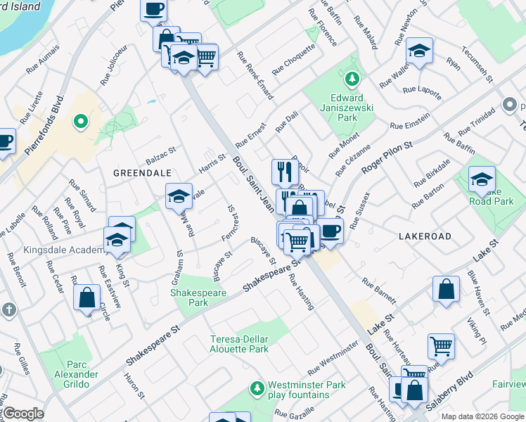 map of restaurants, bars, coffee shops, grocery stores, and more near 4420 Boulevard Saint-Jean in Dollard-des-Ormeaux