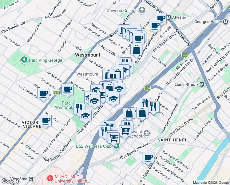 map of restaurants, bars, coffee shops, grocery stores, and more near 4434 Rue Sainte-Catherine Ouest in Westmount
