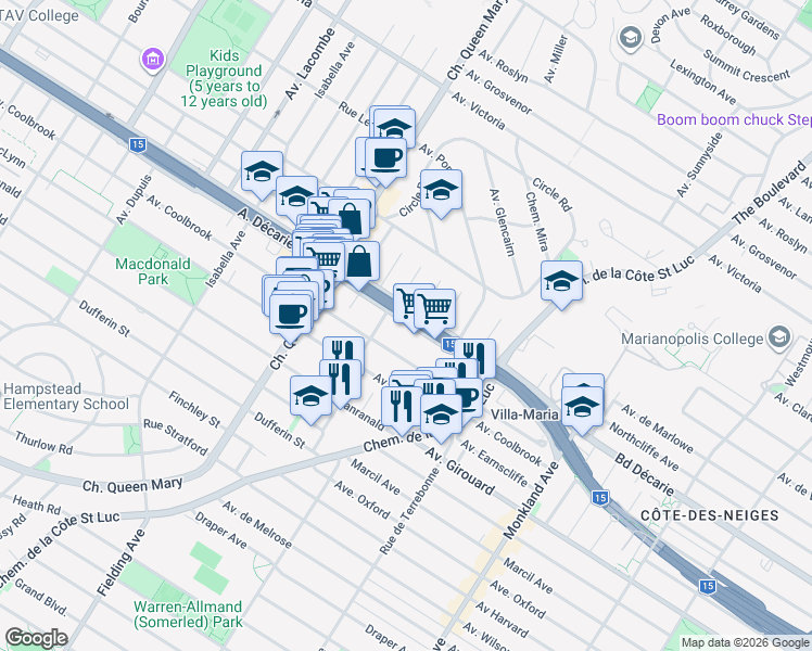 map of restaurants, bars, coffee shops, grocery stores, and more near in Montreal