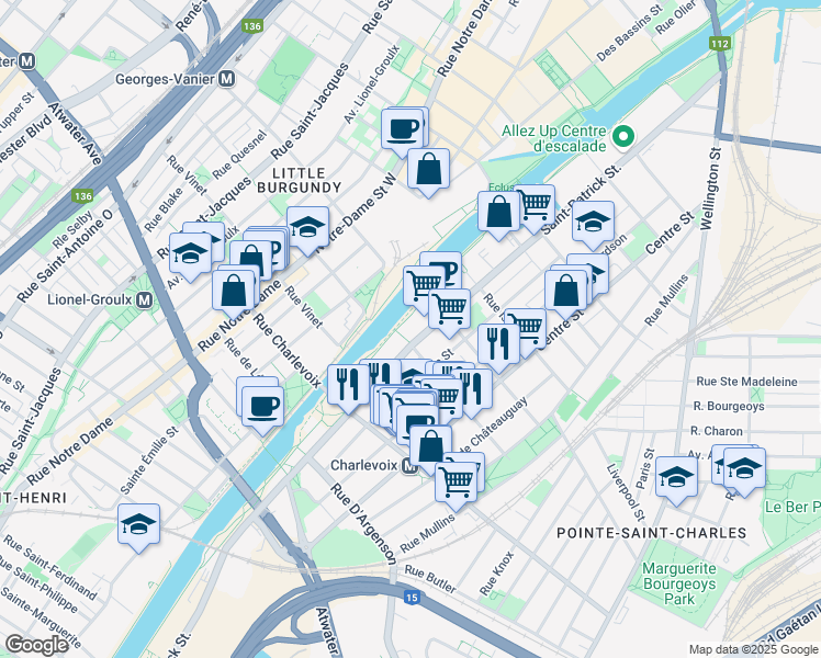 map of restaurants, bars, coffee shops, grocery stores, and more near 2365 Rue Saint-Patrick in Montréal