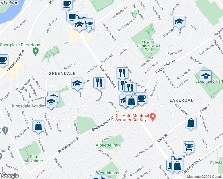 map of restaurants, bars, coffee shops, grocery stores, and more near in Dollard-Des Ormeaux