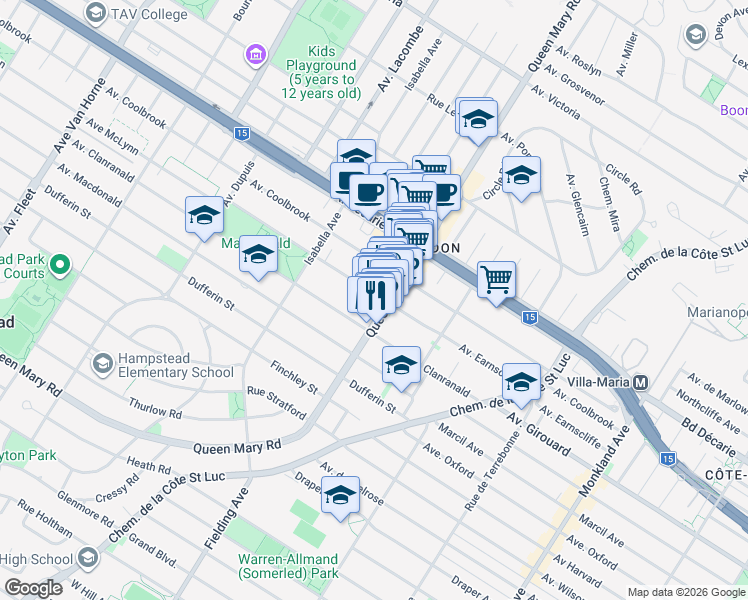 map of restaurants, bars, coffee shops, grocery stores, and more near 5120 Avenue Earnscliffe in Montréal
