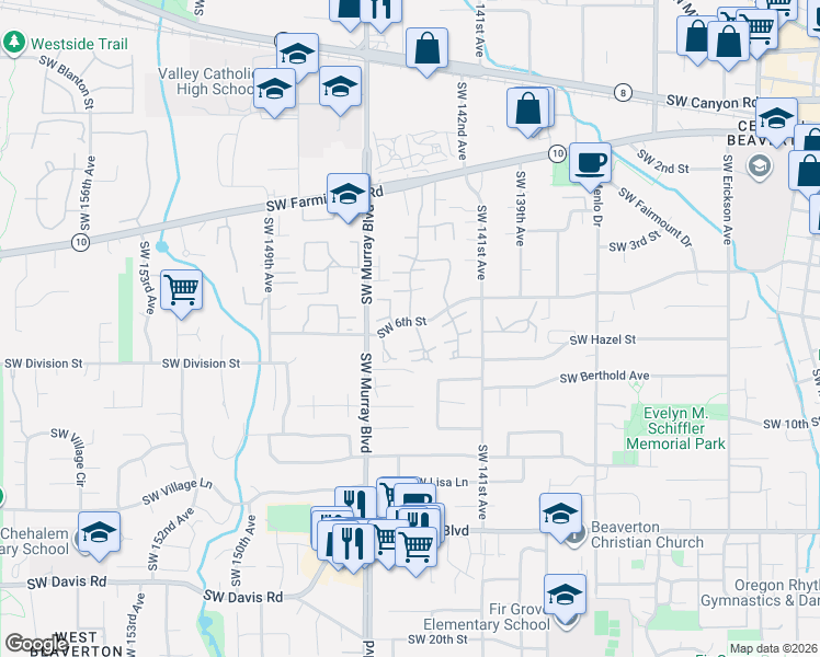 map of restaurants, bars, coffee shops, grocery stores, and more near 14370 Southwest 6th Street in Beaverton
