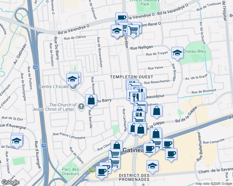 map of restaurants, bars, coffee shops, grocery stores, and more near 10 Rue de Matapédia in Gatineau