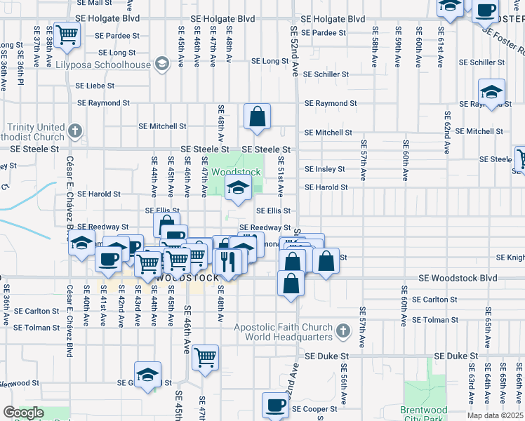 map of restaurants, bars, coffee shops, grocery stores, and more near 5013 Southeast Ellis Street in Portland